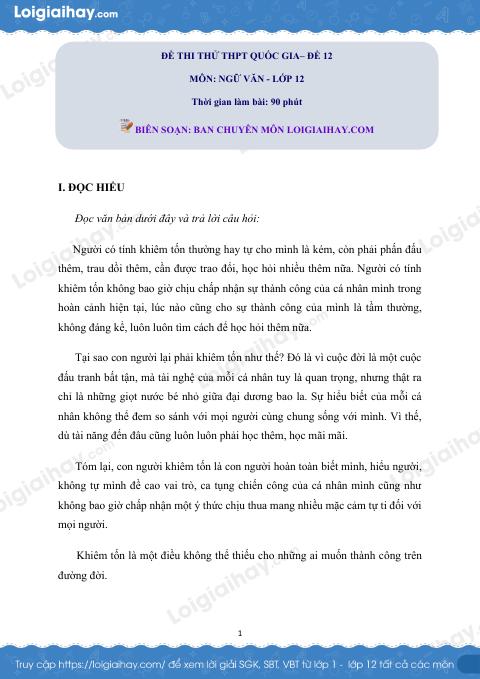 Đề số 12 - Đề thi thử THPT Quốc gia môn Ngữ văn